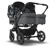 Bugaboo Donkey 5 Twin bassinet and seat stroller black base, grey mélange fabrics, animal explorer green/light blue sun canopy