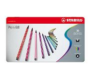 Stabilo Pen 68 viltstift, metalen doos van 30 stiften in geassorteerde kleuren