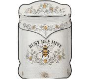HAES deco - Brievenbus vintage wit metaal met Bij en bloemen bedrukt en tekst "BUSY BEE HIVE", formaat 27x8x39 cm