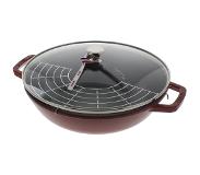 Staub wok met glazen deksel en rvs rooster gietijzer ø 30 cm kersenrood