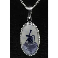 MOOYE ® - Collectie Zilveren Molen Delftsblauw ovaal 28mm ketting hanger