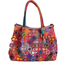 Viabologna Leren – handbagage – reistas – strandtas- weekendtas - van - gevlochten - gekleurde - stukjes - leer - model " Rosello " by Viabologna.nl