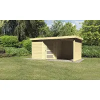 Karibu Woodfeeling tuinhuis, model Schwandorf 5, in een set met een aanbouwoverkapping. Breedte: 2,40 meter. Zij- en achterwanden: 19 mm, onbehandeld hout. Artikelnummer: 77748
