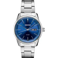 Seiko solar zilver heren horloge met blauwe wijzerplaat & roestvrij stalen band