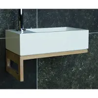 Luca Wood Iris Fonteinset FP1 Eiken Onderstel 35cm - Zonder Kraangat - Mat Wit - Solid Surface, Massief Eiken - Rechthoekig - Wastafels, Fonteinen,