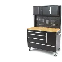 HBM werkbank 122 cm met 4 laden, kastenwand en achterwand, houten werkblad, zwart