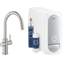 GROHE Blue Home 1-gats keukenkraan m. duo C-uitloop uittrekbaar starterkit m. Wifi bluetooth Chilled & Sparkling 3x gekoeld + 3x bruisend water supersteel