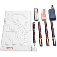 Rotring Isograph-pennenset technische pen en vulpotlood collegeset | 3 fineliners (0,2 mm, 0,4 mm, 0,6 mm) en mechanisch vulpotlood (0,5 mm) plus accessoires | 9 stuks