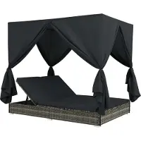 vidaXL Loungebed met gordijnen poly rattan grijs