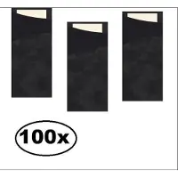 Themaparty 100x Bestekpochet 8.5x19cm zwart + servet - bestek pochet servetten tissue diner eten festival snack carnaval festival evenement kerst thema feest