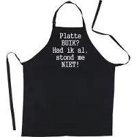 Kariban Mijncadeautje Schort - Platte buik, stond me niet - Mooie - grappige - leuke Keukenschort - Zwart