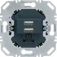 Hager Berker USB-laadstopcontact 230V, model 260205, 2 voudig, 3.0A, rechthoekig, met bevestigingsring, antracietkleurig