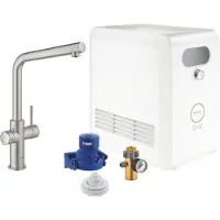 GROHE Blue Professional Duo Chilled & Sparkling starterset met 1-gats keukenmengkraan hoge draaibare L-uitloop, supersteel