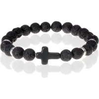 Memphis Zwarte kralen armband Lavasteen met Kruis
