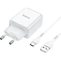 Hoco N2 Vigour - Compacte USB Oplader - Reislader - EU Plug - Universele 10W Lader + USB naar USB-C Kabel - Voor Samsung, Huawei, Android, etc. - Wit