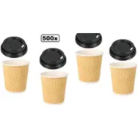 Themaparty 500x Koffiebeker dubbelwandig 177ml bruin + deksel zwart - Roer staafjes koffie beker melk suiker hout festival thema feest verjaardag werk lepel