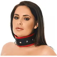Rimba Brede en gevoerde leren collar met D-ring zwart/rood - maat M/L