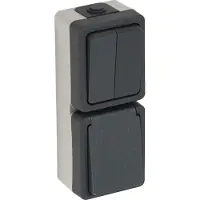 Gamma combinatie schakelaar - Spatwaterdicht - Opbouw - 2 lichtpunten bedienen vanaf 1 punt + wandcontactdoos randaarde - Grijs