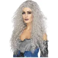 Smiffys Smiffy's Verkleed pruik lang haar - grijs - voor dames - Heksen/Halloween thema pruiken