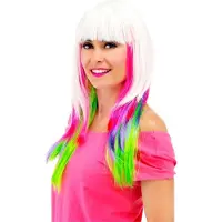 Folat Pruik Lang Haar - Pony - Wit/Groen