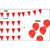 Themaparty 12x Vlaggenlijn rood 10 meter + 200 Ballonnen rood - vlaglijn ballon festival thema feest verjaardag party