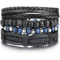 LGT JWLS Armbanden set zwart leer en zilverkleurige kralen