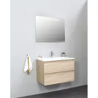 Bewonen Luuk Badmeubel - 80cm - Acryl Wastafel - 1 Kraangat - Eiken - Met LED Spiegel - Geassembleerd - Badkamermeubels, Badmeubel Sets
