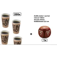 Themaparty 200x Koffie beker I am Hot 180cc + dobbelsteen - koffie thee warme drank soep carnaval thema feest kantine festival grappig en fout