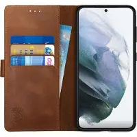 Rosso Deluxe Echt Leer Book Case Hoesje Geschikt voor Samsung Galaxy S21 | Ruimte voor drie pasjes | Portemonnee Book Case | Met Pasjeshouder | Bruin