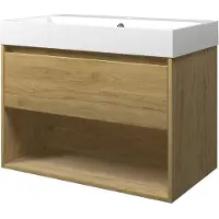 Proline Loft Badmeubel Met Open Vak Met Polystone Wastafel Met 1 Kraangat - Ideal Oak/Glans Wit - 80x46cm - Badkamermeubels, Badmeubel Sets