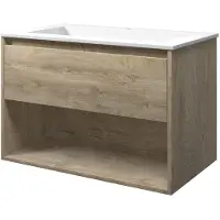 Proline Elegant Badmeubel Met Open Vak Met Polystone Wastafel Met 1 Kraangat - Raw Oak/Mat Wit - 80x46cm - Badkamermeubels, Badmeubel Sets