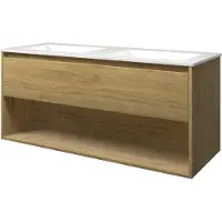 Proline Elegant Badmeubel Met Open Vak Met Polystone Wastafel Met 2 Kraangaten - Ideal Oak/Glans Wit - 120x46cm - Badkamermeubels, Badmeubel Sets