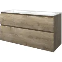 Proline Elegant Badmeubel Met Polystone Wastafel Met 2 Kraangaten En Onderkast A-symmetrisch - Raw Oak/Glans Wit - 120x46cm - Badkamermeubels,