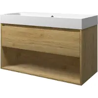 Proline Loft Badmeubel Met Open Vak Met Polystone Wastafel Zonder Kraangat - Ideal Oak/Mat Wit - 100x46cm - Badkamermeubels, Badmeubel Sets
