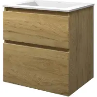 Proline Elegant Badmeubel Met Polystone Wastafel Met 1 Kraangat En Onderkast A-symmetrisch - Ideal Oak/Mat Wit - 60x46cm - Badkamermeubels, Badmeubel
