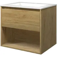Proline Elegant Badmeubel Met Open Vak Met Polystone Wastafel Met 1 Kraangat - Ideal Oak/Glans Wit - 60x46cm - Badkamermeubels, Badmeubel Sets