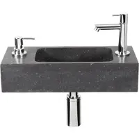 Differnz Sapon fonteinset - 42x18.5x9cm - Rechthoek - 1 kraangat - Met sifon fontein en afvoerplug - Natuursteen Zwart