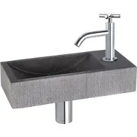 Differnz Fonteinset ribble natuursteen 38x18x8 cm zwart met gebogen kruis kraan mat chroom