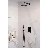 Brauer Black Edition thermostatische inbouw regendouche 3-weg omstelling SET 27 met 20 cm douchekop en gebogen muurarm en staaf handdouche en doucheslang en wandaansluitbocht mat zwart