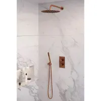 Brauer Edition Inbouwset Met 3-weg Thermostaat - Hoofddouche 30cm - Gebogen Wandarm 40cm - Staafhanddouche - Wandaansluiting - Geborsteld Koper PVD - Kranen, Douchekranen, Douchesets, Inbouw