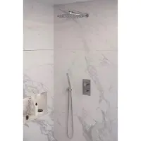 Brauer Brushed Edition thermostatische inbouw regendouche 3-weg omstelling SET 26 met 30 cm douchekop en rechte muurarm en staaf handdouche en doucheslang en wandaansluitbocht RVS geborsteld PVD