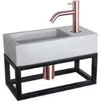 Differnz Fonteinset ravo beton en handoekrek 38.5x18.5x9 cm licht grijs met gebogen kraan rood koper