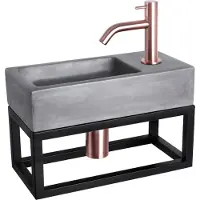 Differnz Fonteinset ravo beton en handoekrek 38.5x18.5x9 cm donker grijs met gebogen kraan rood koper