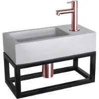 Differnz Fonteinset ravo beton en handoekrek 38.5x18.5x9 cm licht grijs met rechte kraan rood koper