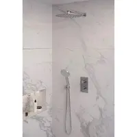 Brauer Brushed Edition thermostatische inbouw regendouche 3-weg omstelling SET 32 met 30 cm douchekop en rechte muurarm en 3-standen handdouche en doucheslang en wandaansluitbocht RVS geborsteld PVD