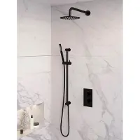 Brauer Black Edition thermostatische inbouw regendouche 3-weg omstelling SET 39 met 20 cm douchekop en gebogen muurarm en staaf handdouche en doucheslang en geïntegreerde glijstang mat zwart