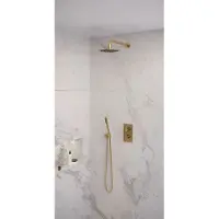 Brauer Edition Inbouwset Met 3-weg Thermostaat - Hoofddouche 20cm - Gebogen Wandarm 40cm - Staafhanddouche - Wandaansluiting - Geborsteld Goud PVD - Kranen, Douchekranen, Douchesets, Inbouw