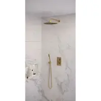 Brauer Edition Inbouwset Met 3-weg Thermostaat - Hoofddouche 30cm - Gebogen Wandarm 40cm - Staafhanddouche - Wandaansluiting - Geborsteld Goud PVD - Kranen, Douchekranen, Douchesets, Inbouw
