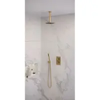 Brauer Edition Inbouwset Met 3-weg Thermostaat - Hoofddouche 20cm - Plafondbuis 20cm - Staafhanddouche - Wandaansluiting - Geborsteld Goud PVD - Kranen, Douchekranen, Douchesets, Inbouw douchesets
