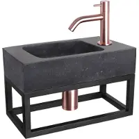Differnz Force fonteinset natuursteen bombai black met handdoekrek en gebogen kraan rood koper